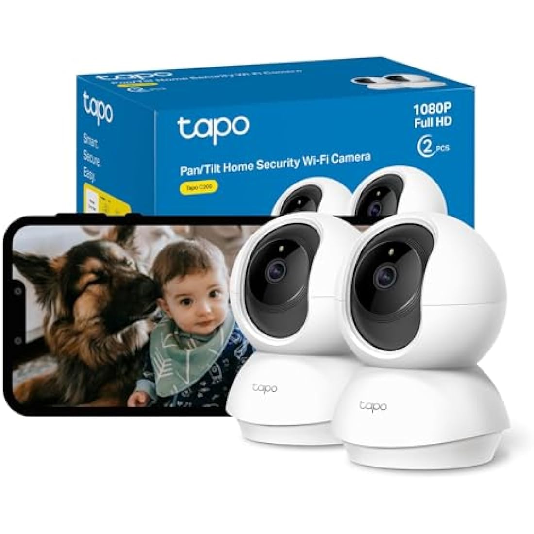 Tapo C200 2-Pack 1080p Pan/Tilt Indoor Camera, Baby Monitor, Motion Detection, Customizable Privacy Mode, 2-Way Talk, Night Vision, Cloud and Local Storage, Works With Alexa and Google, No Monthly Fee