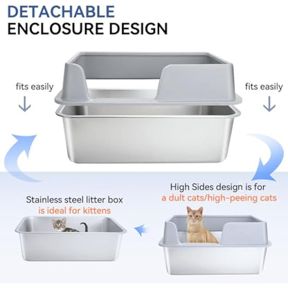XXL Stainless Steel Cat Litter Tray - High Rim Open Box with Metal Scoop, Easy to Clean