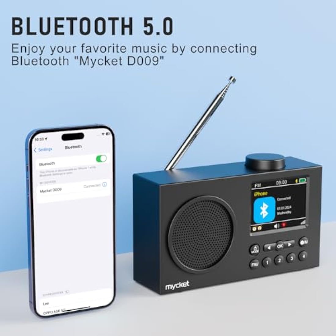 Mycket DAB Radio Portable, DAB Plus Digital Radios with Bluetooth, USB Rechargeable FM Radios, Battery Powered Small Radio,Dual Alarms Clock,Sleep Timer, 40 Presets Stations, 2.4" Large Colour Display