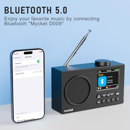 Mycket DAB Radio Portable, DAB Plus Digital Radios with Bluetooth, USB Rechargeable FM Radios, Battery Powered Small Radio,Dual Alarms Clock,Sleep Timer, 40 Presets Stations, 2.4" Large Colour Display