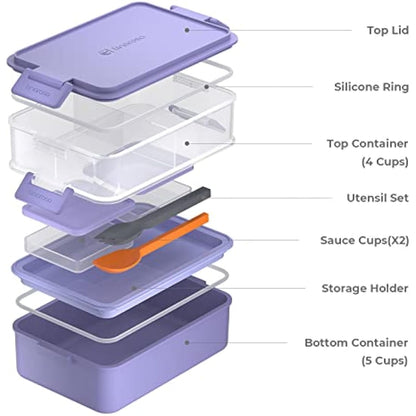 linoroso Bento Lunch Box for Adults with 3 Compartments Lunchbox with Sauce Container and Utensils, Bento Boxes for Microwave and Dishwasher Plastic BPA-Free As Sandwich Snack Salad Box - Veri Peri