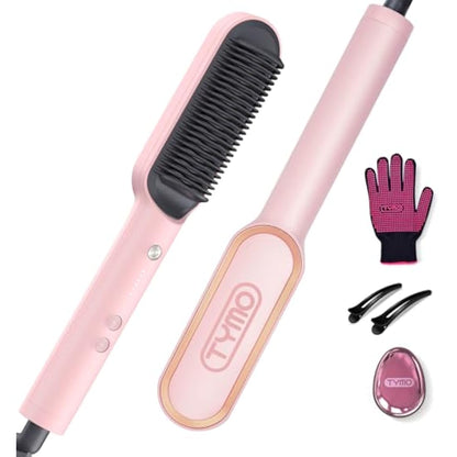 TYMO Hair Straightener Brush UK, Flat Iron and Hair Brush 2-in-1, Anti-Scald, Fast Heating, 5 Temp Settings (130℃-210℃), Professional Salon at Home, Wider Comb for Even Straightening, Pink