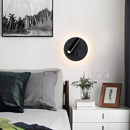 uksunvi LED Wall Mounted Lamp,Bedside Reading Wall Light,12W LED Wall Lamp, Adjustable Spotlight （3W +9W 3000K Warm Light） (Black Round)