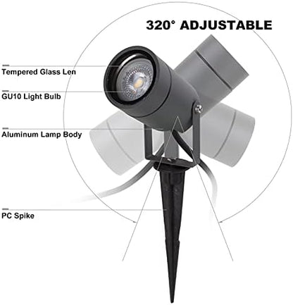 DAWALIGHT Landscape Lights Outdoor 4 Pcs, GU10 Spike Lights Outdoor for Garden Path Patio Exterior Outside Backyard Lawn Walkway, Adjustable IP65 Aluminum Spotlight with IP68 Connector, Dark Grey