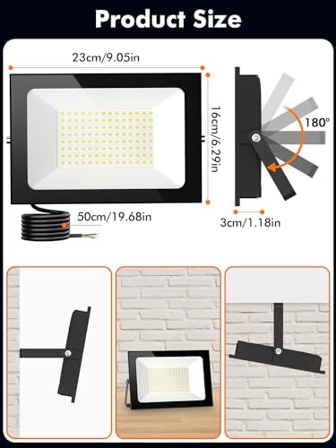 Floodlight Outdoor 2 Pack, 100W 10000LM LED Flood Lights, 6500K Cold White Outside Light, IP66 Waterproof Security Light for Yard, Garden, Garage, Patio, Warehouse