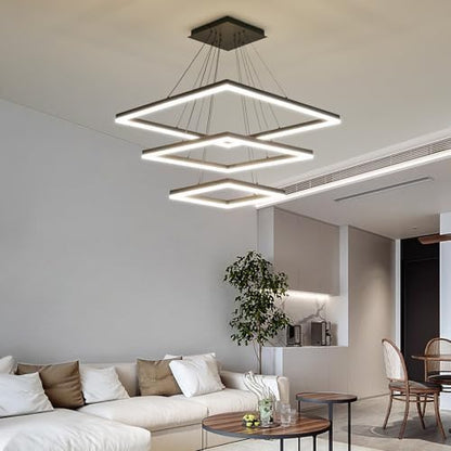 Modern LED Chandelier, 3 Ring Square LED Pendant Ceiling Light, Dimmable Foyer Chandelier Lighting Fixture, Adjustable Height Over Table Hanging Light for Living Room, Dining Room,Entryway