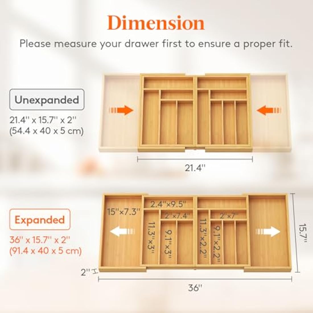 Lifewit Bamboo Extra Large Cutlery Drawer Organiser, Expandable to 36 Inches Cutlery Tray for Kitchen, Adjustable Silverware and Flatware Holder, Plastic Utensil Storage for Spoons Forks Knives