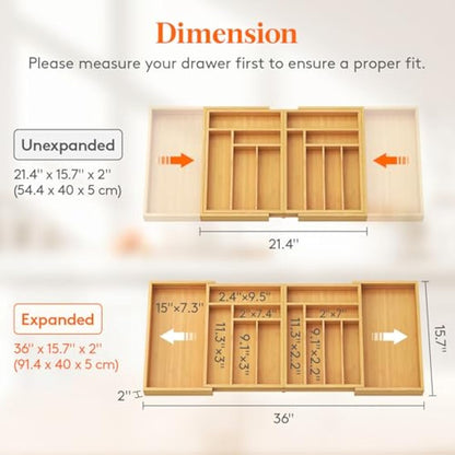 Lifewit Bamboo Extra Large Cutlery Drawer Organiser, Expandable to 36 Inches Cutlery Tray for Kitchen, Adjustable Silverware and Flatware Holder, Plastic Utensil Storage for Spoons Forks Knives
