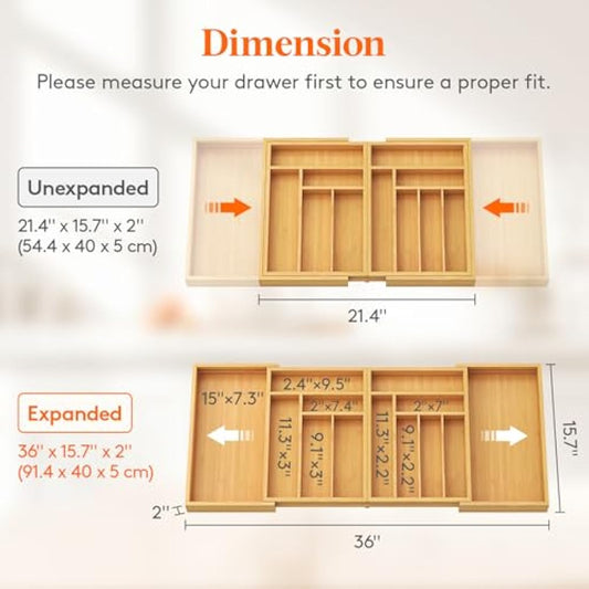 Lifewit Bamboo Extra Large Cutlery Drawer Organiser, Expandable to 36 Inches Cutlery Tray for Kitchen, Adjustable Silverware and Flatware Holder, Plastic Utensil Storage for Spoons Forks Knives