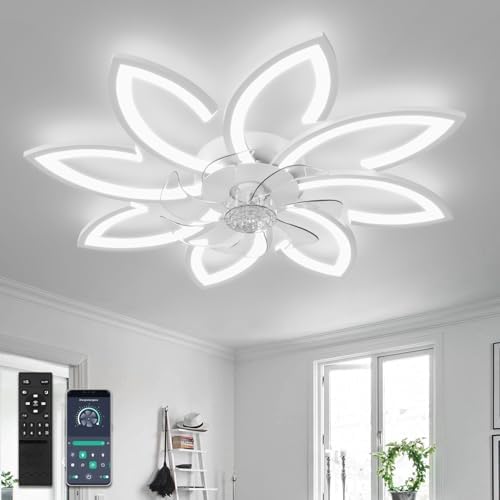 YUNLONG 35.4" Ceiling Fans with Lights and Remote Led Living Room Dimmable Ceiling Lights DC Motor Ceiling Fans with Lamps Reversible 6-Speed Lighting Fan Chandelier for Bedroom Lounge Hall,White