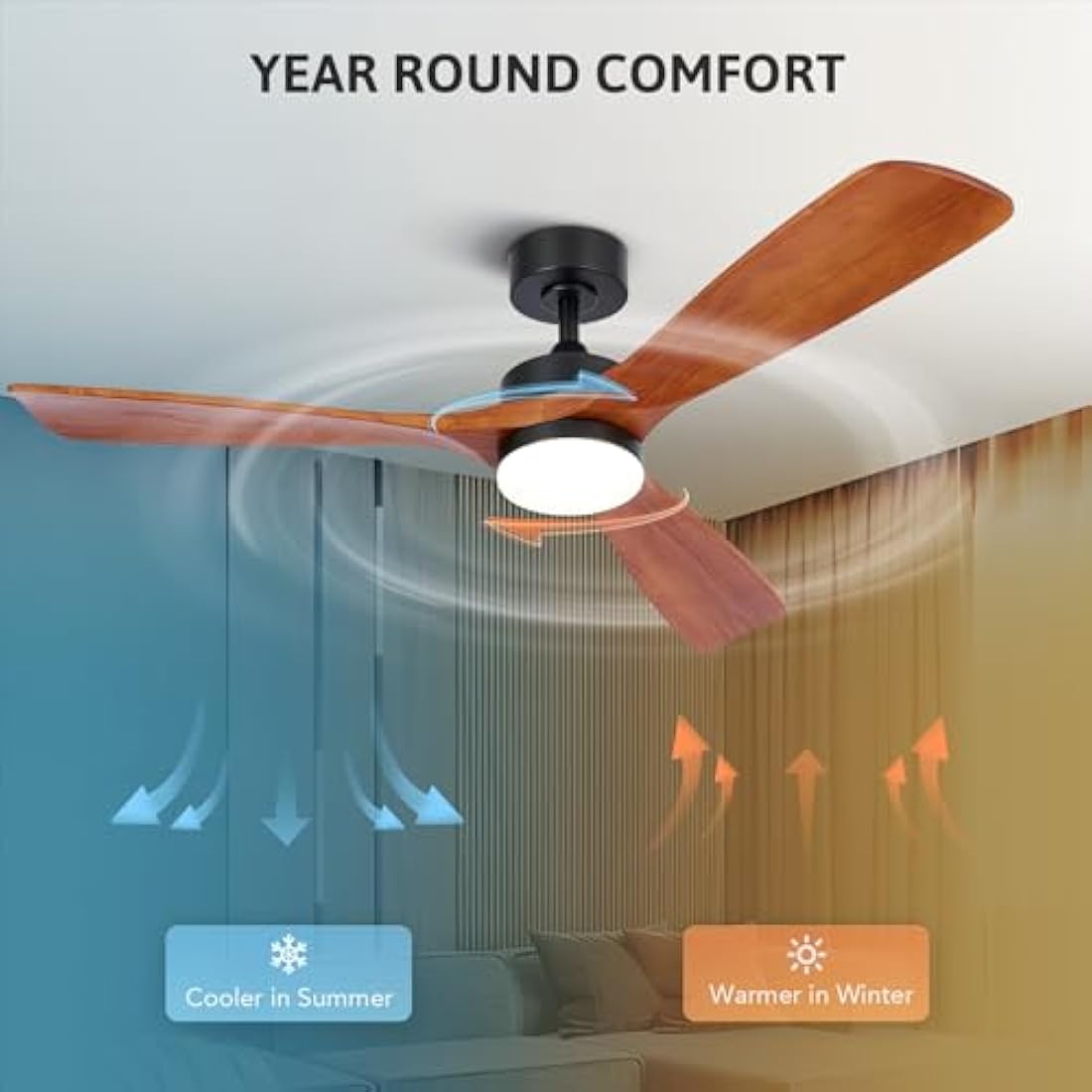 VONLUCE Ceiling Fans with Lights, 52 Inch Outdoor Ceiling Fan with Remote, 6 Speed Reversible Noiseless DC Motor, Wood Ceiling Fan for Indoor Bedroom Farmhouse Patios, Walnut