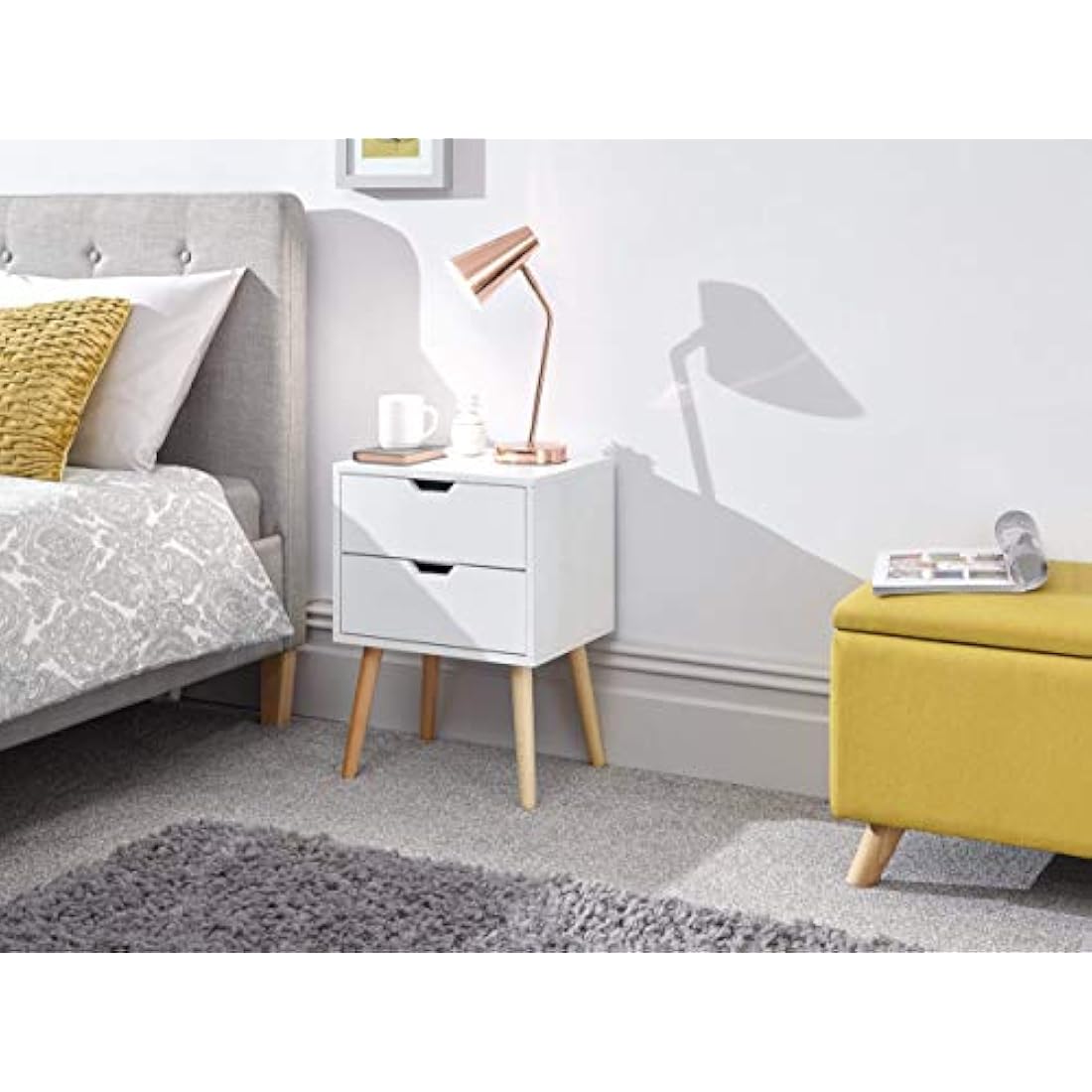 GFW Nyborg Scandinavian Style Side Table With 2 Drawer & Storage Shelf Modern Bedside Cabinet, Quick Easy Assembly, Flat Pack Bedroom Furniture, Wood, White, 30D x 40W x 56H