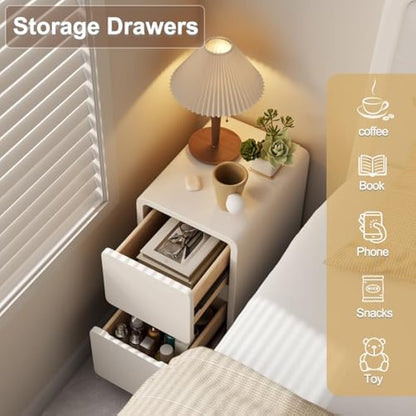 AQIMUELE Small Bedside Table, Narrow Bedside Cabinet with Drawers，Pre-assembled Slim Bedside Table with Leather Surface for Bedroom, 30cm (White)