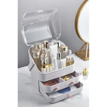 LINFIDITE Cosmetic Storage Box with Lid Makeup Organizer Box with Dust Free Cover Portable Handle,Large Makeup Display Case with Drawers Fully Open Lid,Great for Bathroom Countertop Bedroom Dresser