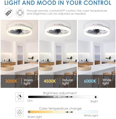 MOSSCO Ceiling Fans with Lights and Remote, LED Dimmable 3 Colour 6 Speeds Reversible Fan Light, Modern Fan Lights Ceiling for Bedroom, Flush Mount Low Profile Ceiling Fan Light White 40CM