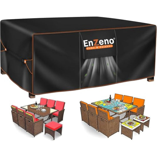 Enzeno Garden Furniture Covers，180X120X74cm Waterproof，420D Heavy Duty Oxford Fabric Outdoor Patio Table Cover with Air Vent for Chair and Table Cover