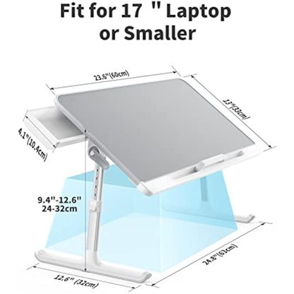 Laptop Bed Table, SAIJI 100% Eco-friendly wooden planks, Laptop Stand with Drawer, Folding Legs, 40kg Load, Angle Height Adjustable, Reading, Eating on Bed, Sofa, Laptop Lap Desk (Grey 23.6 * 12.6in)