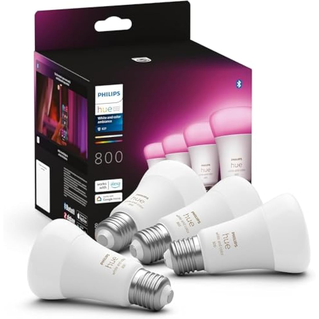 Philips Hue New White and Colour Ambiance Smart Light Bulb 4 Pack 60W - 800 Lumen [E27 Edison Screw] with Bluetooth. Works with Alexa, Google Assistant and Apple Homekit