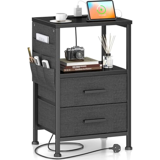 COWISH Bedside Table with Charging Station, 2 Drawers Bedside End Table, Industrial Sofa SideTable, Rolling Nightstand with Storage Shelf and Bag for Living Room, Bedroom, Black