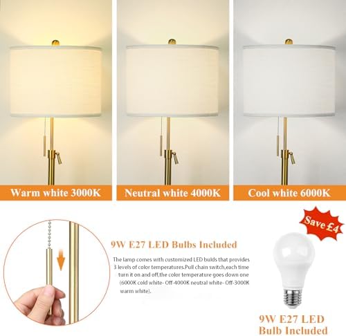 Floor Lamp,Floor Lamps for Living Room,Gold Modern Standing Lamp with Lampshade,3 Colors Temperature,Height Adjustable,Standard Lamps for Living Room Bedroom Office(9W Bulb Included)