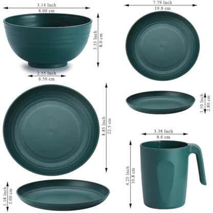 Kyraton Plastic Dinnerware Sets of 32 Pieces Service for 8, Unbreakable and Reusable Light Weight Plates Mugs Bowls Dishes Easy to Carry and Clean Microwave Safe BPA Free Dishwasher Safe