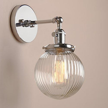 PathsOn 15cm Industrial Modern Vintage Retro Wall Lights, Loft Bar Kitchen Sconce Lights Lamp Fixture with Ribbed Globe Clear Glass Light Shade (Chrome)