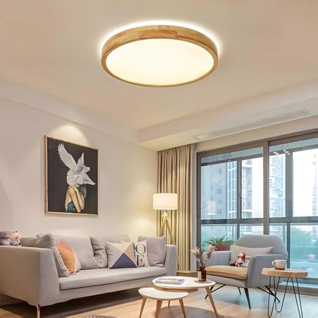 WayLuoung Wood LED Ceiling Light | Ø50cm 3000-6000K 36W | Round Top 360° Glow Natural Wooden Lamp, Bedroom Living Room Children's Room Kitchen Dining Room Home Office (Dimmable with Remote Control)