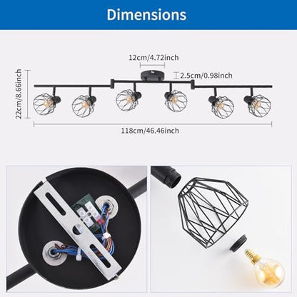 ANWIO Kitchen Spot Lights Ceiling,6 Way Black Lounge Industrial Wall Lights-Adjustable SpotLights Ceiling Lights Wire Cage with E14 Base,Light Fittings Ceilings for Kitchen Living Room(EUC-EA190813)