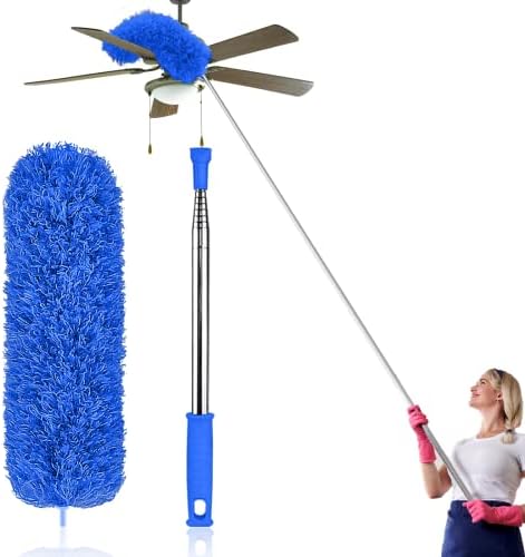 Feather Duster Extendable with Stainless Steel Extension Pole, 100 Inches Extra Long Telescopic Dusters, Cobweb Duster with Bendable Head for Cleaning Blinds, Interior Roof, Ceiling Fan, Cars