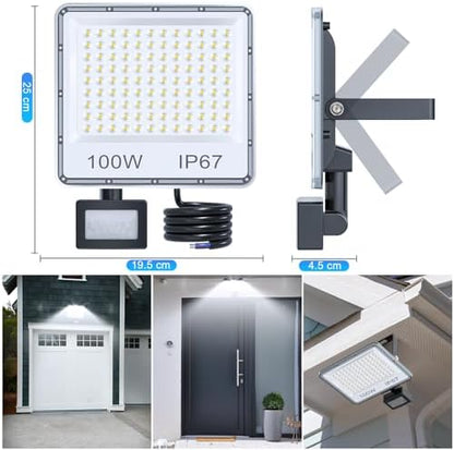 TASINUO 100W Security Lights Outdoor Motion Sensor 2 Pack, 10000LM LED Floodlight with PIR, IP67 Waterproof Flood Lights Outdoor Motion Sensor for Garden Patio Yard