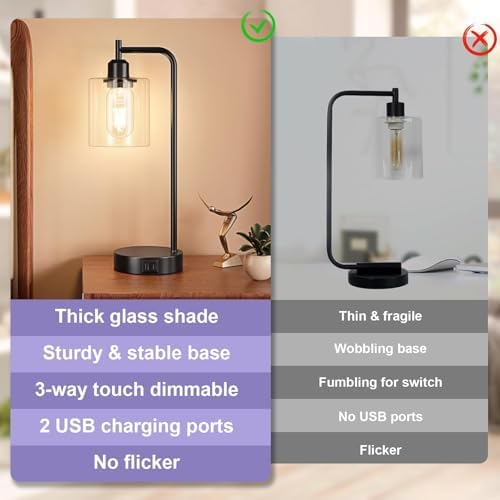 Aooshine Bedside Lamps Set of 2, Industrial Touch Lamps Bedside with USB C+A Charging Ports, Bedside Table Lamps for Bedroom, Black Bedside Lamps with Clear Glass Shade for Living Room(Bulbs Included)