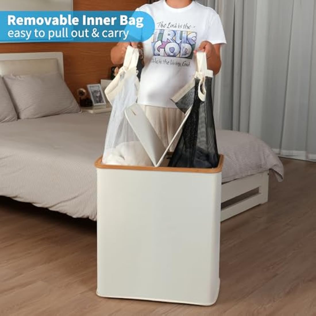 efluky 140L Laundry Baskets with Lid 2 Compartments, Large Laundry Hamper, Double Laundry Basket Storage with 2 Removable Bags, Beige