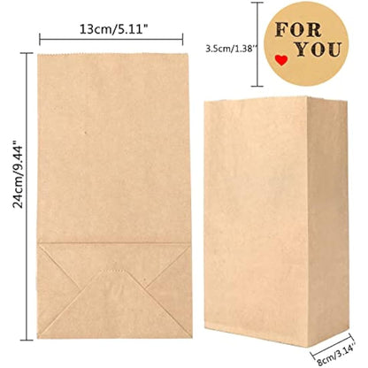 G2PLUS 50 Brown Kraft Bags - 13x8x24 CM Medium, Candy Paper Bags with Stickers for Snack, Birthday, Wedding, Easter & Xmas Party