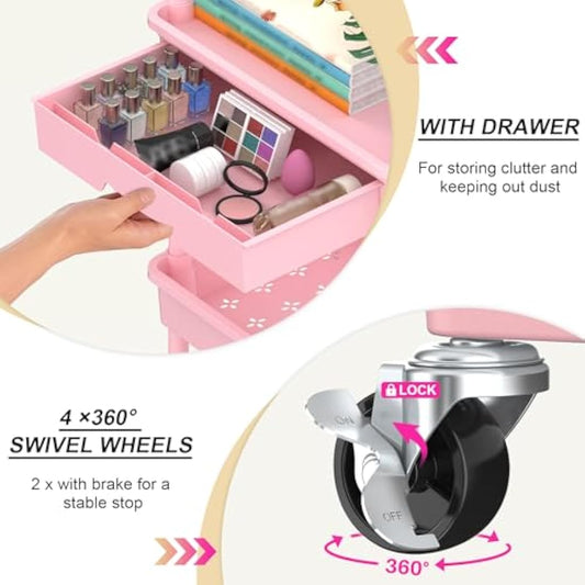 Yeabett 4 Tier Craft Trolley, Storage Trolley On Wheels Utility Cart With Drawer For Kitchen, Bathroom, Office, Living Room, Pink