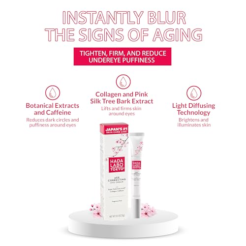 Hada Labo Tokyo Age Correcting Eye Cream 0.5 Fluid Ounce - with Super Hyaluronic Acid Caffeine Collagen and Light Diffusing Pigments - lightweight non-greasy fragrance free (packaging may vary)