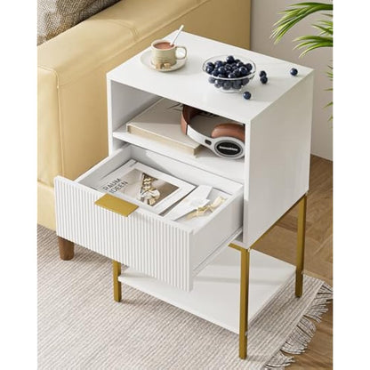 HEYZOEY Bedside Table, Small Bedside Cabinet with Drawer and Storage Shelf, 25.4" H Tall Nightstand End Sofa Side Table with Gold Frame for Bedroom, Living Room, White