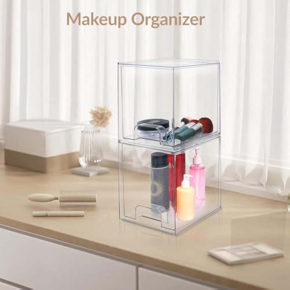 Stackable Makeup Organiser and Storage,Clear Acrylic Cosmetic Drawers with Handles for Dressing Table,Under Counter,Kitchen Cabinets,Pantry, Home Organisation and Storage