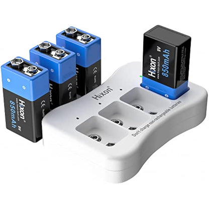 9V Rechargeable Battery 850mAh 9 Volt Battery 4 Pack 9V PP3 6F22 Lithium-ion Batteries with 9V Battery Charger for Smoke Detector Multimeter Toys