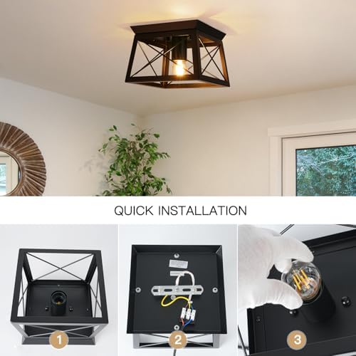 FORCOSO Black Ceiling Light Fixtures - E27 Industrial Flush Mount Ceiling Light 1-Light LED Square Metal Vintage Ceiling Lamp for Hallway Entryway Bedroom Living Room Kitchen - NO Bulb