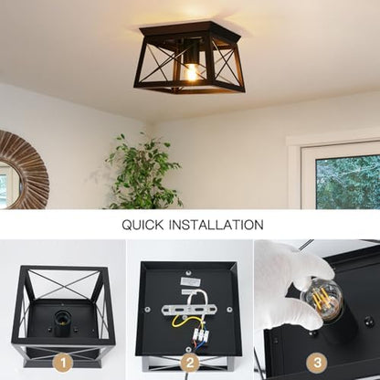 FORCOSO Black Ceiling Light Fixtures - E27 Industrial Flush Mount Ceiling Light 1-Light LED Square Metal Vintage Ceiling Lamp for Hallway Entryway Bedroom Living Room Kitchen - NO Bulb