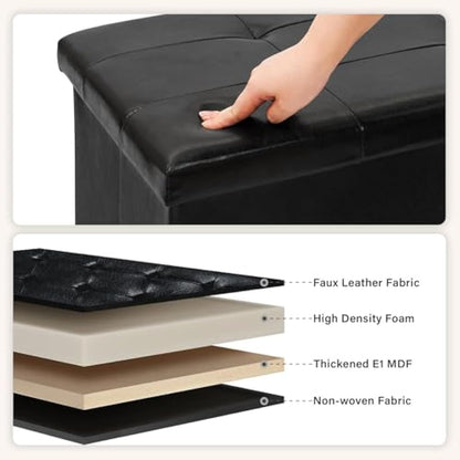 Bonlife End of Bed Storage Bench,Folding Black Ottoman Seat,Toy Chest Box Bedside Table Faux Leather Footstool for Living Room,110x38x38cm
