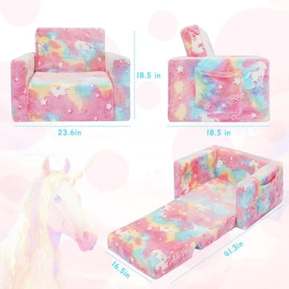 SLIGUY Toddler Couch, Kids Convertible Sofa to Lounger Pull Out Couch, Glow in the Dark Sofa Chair Gifts for Boys and Girls (Pink Unicorn)