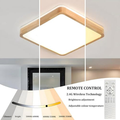 YYUTLUO LED Ceiling Light Wood, Top 360 Glow Square Natural Wooden Lamp | Dimmable with Remote Control 2700K-6500K, 30W | Living Room, Dining Room,