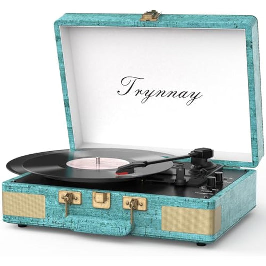 Trynnay Record Player 3 Speed Bluetooth Portable Suitcase Vinyl Player with Built-in Speakers Turntable Enhanced Audio Sound Sky Blue