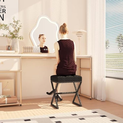 YMYNY Vanity Stool, Linen Footrest, Square Ottoman Bench with X-Shaped Metal Legs, Small Side Table Makeup Dressing Seat for Living Room, Bedroom, Entryway, Hallways 40×30×46CM Black HBD033B