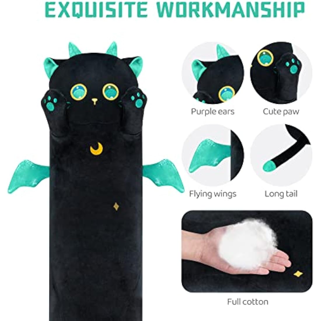 Mewaii 36in Long Cat Plush Pillows Stuffed Animals Squishy Pillows - Plushie Cute Big Green Eyes Sleeping Hugging Plush Pillow Soft Toys for Kids(Black)