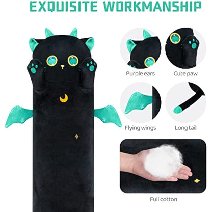 Mewaii 20in Long Cat Plush Pillows Stuffed Animals Squishy Pillows - Plushie Cute Big Green Eyes Sleeping Hugging Plush Pillow Soft Toys for Kids(Black)