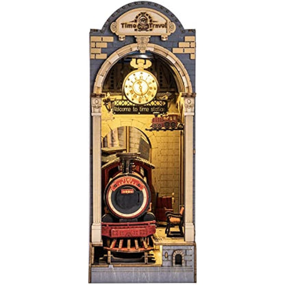 ROBOTIME Wooden Book Nook Dollhouse Kit, DIY Wall Hanging Miniature Room, Puzzle House Model Building Kits with LED Lights, Home, Bookshelf Decor (Time Travel)