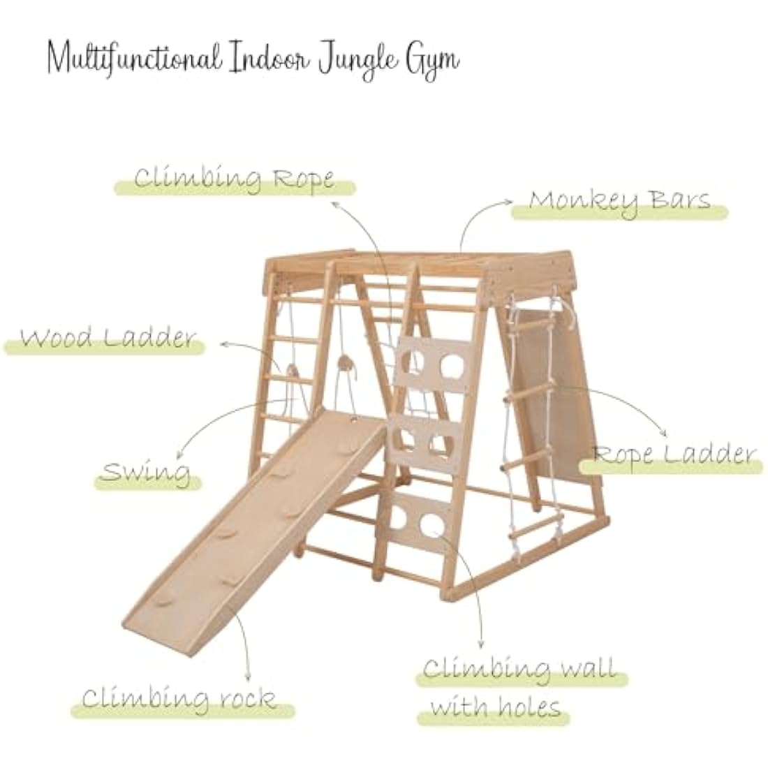 Giant bean Indoor Climbing Frame for Toddlers, Jungle Gym for 2-5yrs Kids,Toddlers Climber Toys 8-in-1 with Slide, Rock Climb Wall, Monkey Bars, Wood & Rope Ladder, Climbing Rope & Wall