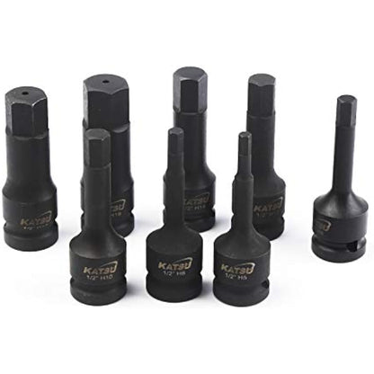 KATSU 1/2 Inch Drive Hex Allen Deep Impact Socket Set 8PCs 5-19mm Heavy Duty Metric Socket Bits, High Grade Chrome-Moly Steel, Automotive Trucks Tractors Engines Repairing Tool 420410